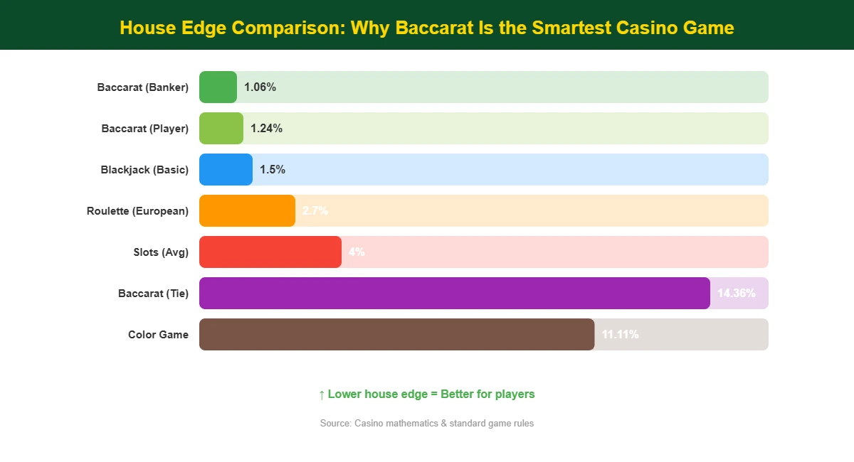 Horizontal bar chart comparing house edge of baccarat blackjack roulette slots and color game showing baccarat banker bet has lowest edge