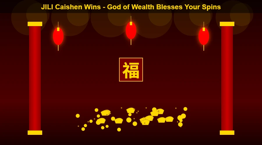 Caishen temple with gold ingots red lanterns and prosperity symbols