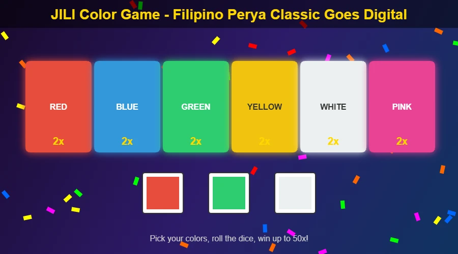 Color Game betting board with six colors and three dice