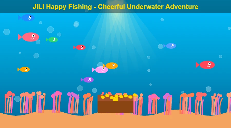Happy Fishing colorful coral reef scene with fish and treasure