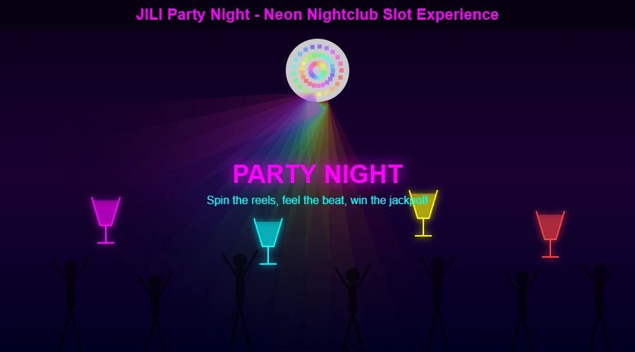 Party Night neon nightclub scene with disco ball and cocktails