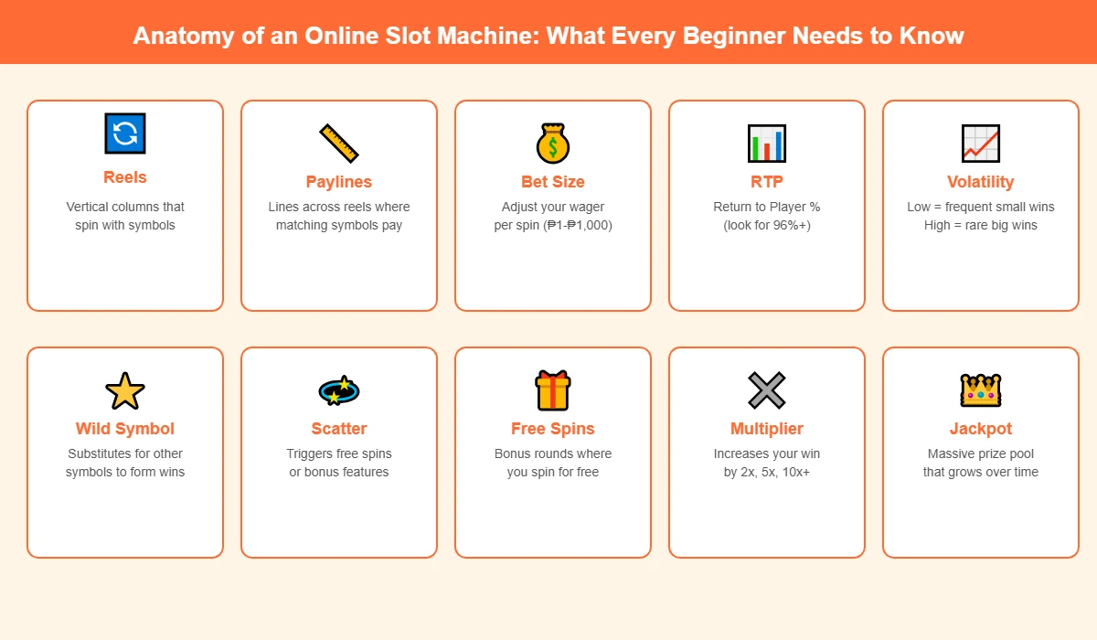 Infographic explaining 10 key online slot machine components for beginners including reels paylines RTP volatility wilds scatters and jackpots