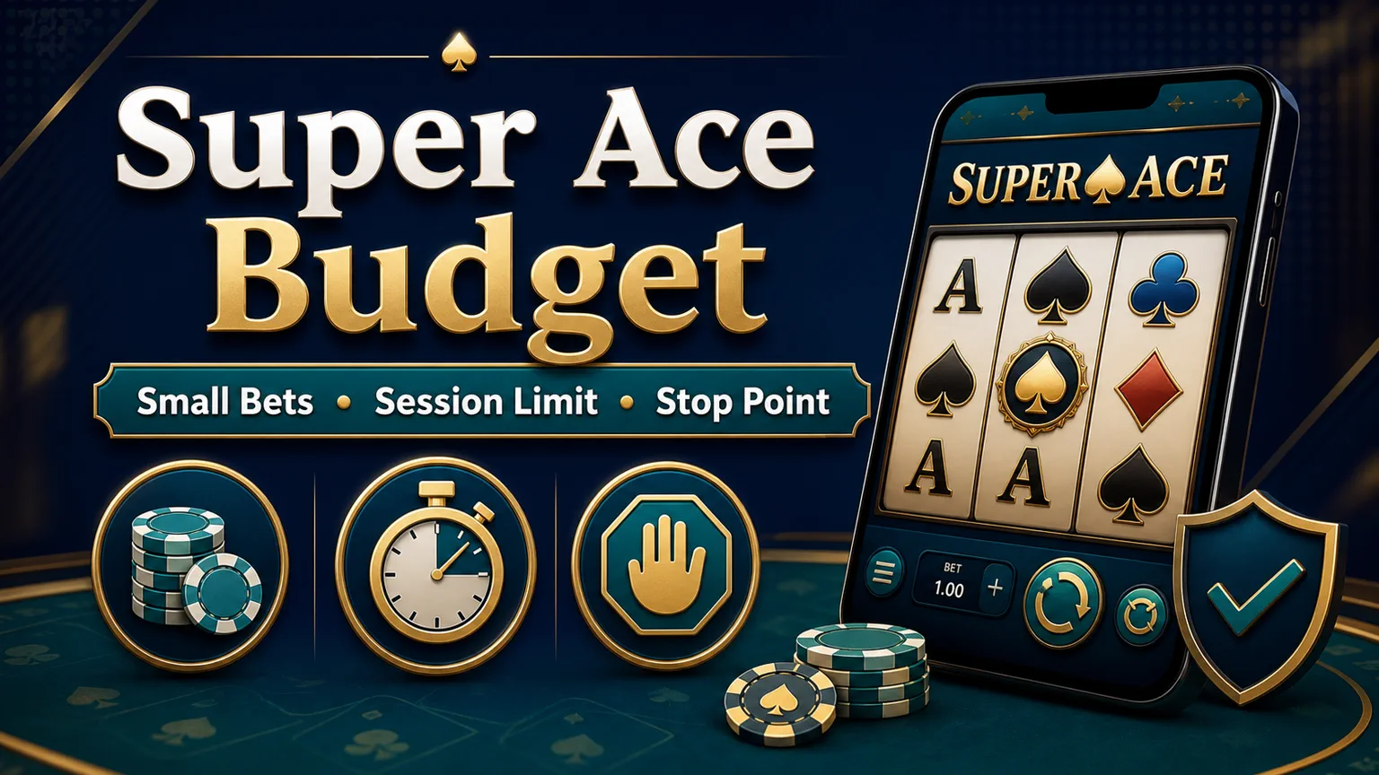 Illustration reading Super Ace Budget with small bets, session limit, stop point, timer, slot screen, and shield icons