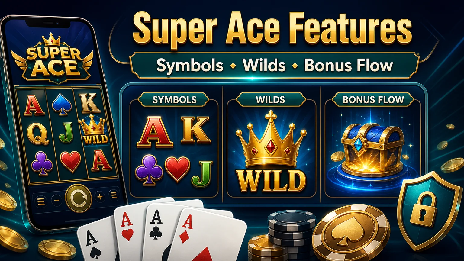 Illustration reading Super Ace Features with symbols, wilds, bonus flow, reel icons, coins, and shield