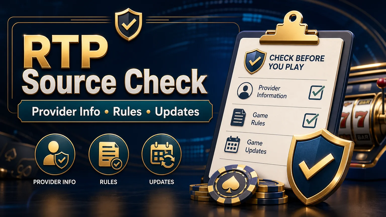 Illustration reading RTP Source Check with provider info, game rules, updates, rules panel, calendar, and shield icons