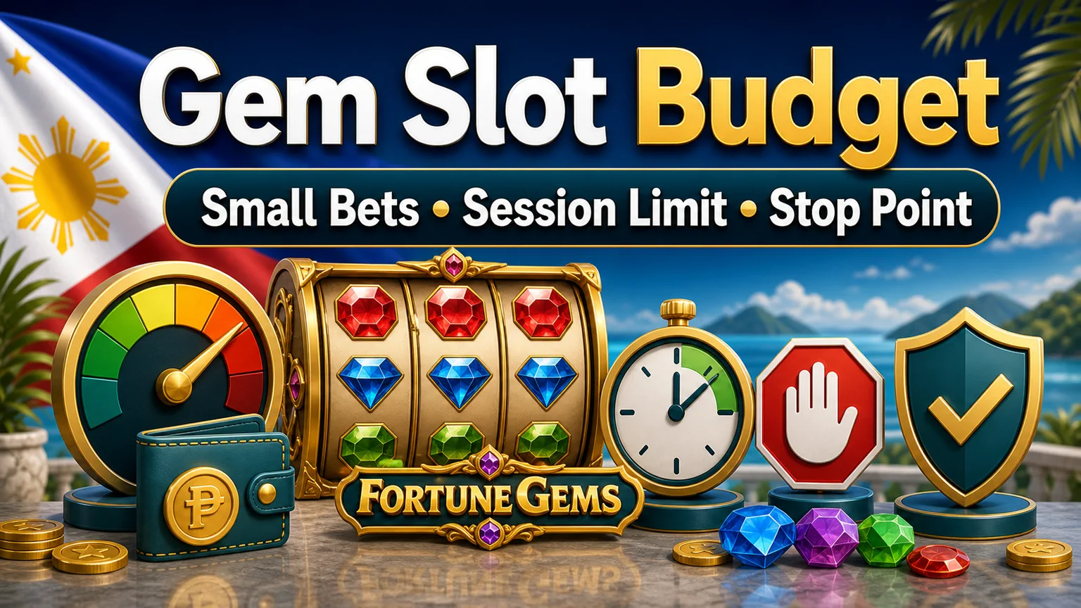 Illustration reading Gem Slot Budget with small bets, session limit, stop point, slot screen, timer, and shield