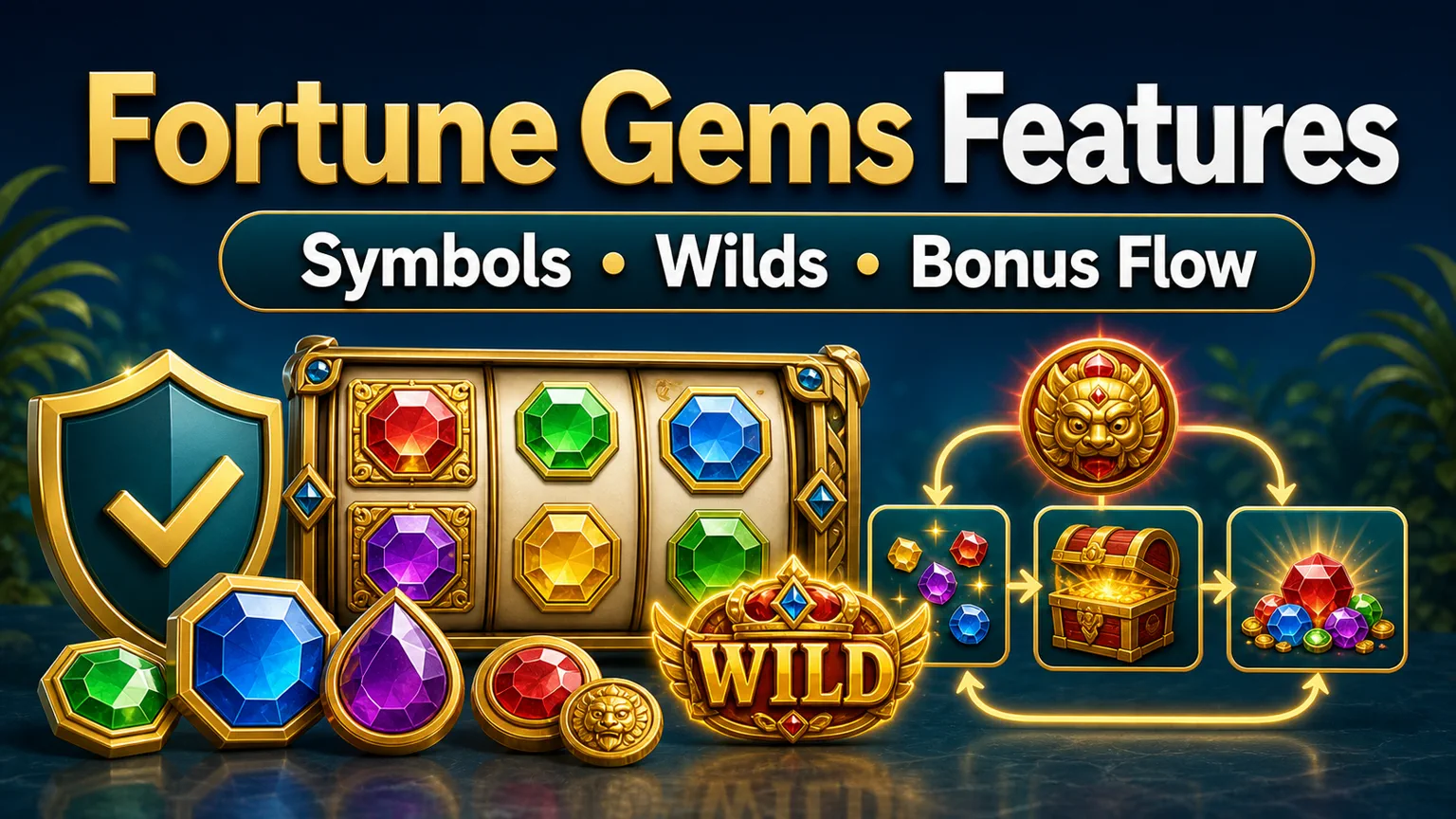 Illustration reading Fortune Gems Features with symbols, wilds, bonus flow, jewel slot icons, and shield
