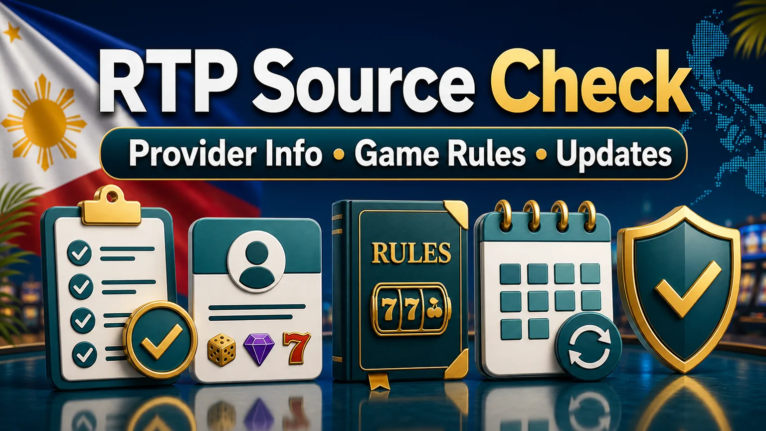 Illustration reading RTP Source Check with provider info, game rules, updates, calendar, rules panel, and shield icons