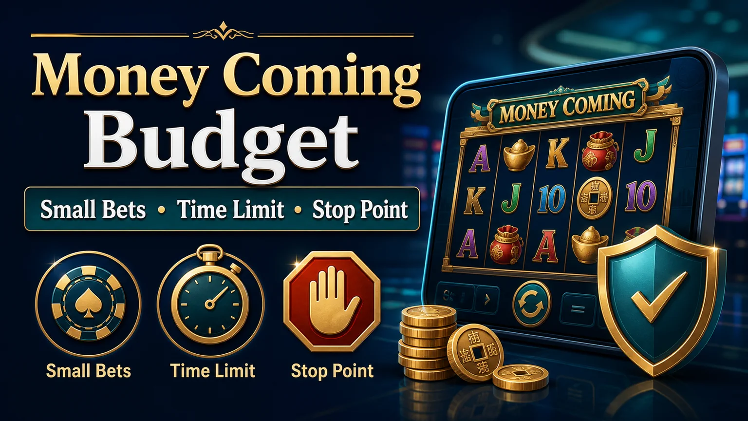 Illustration reading Money Coming Budget with small bets, time limit, stop point, slot screen, and shield icons