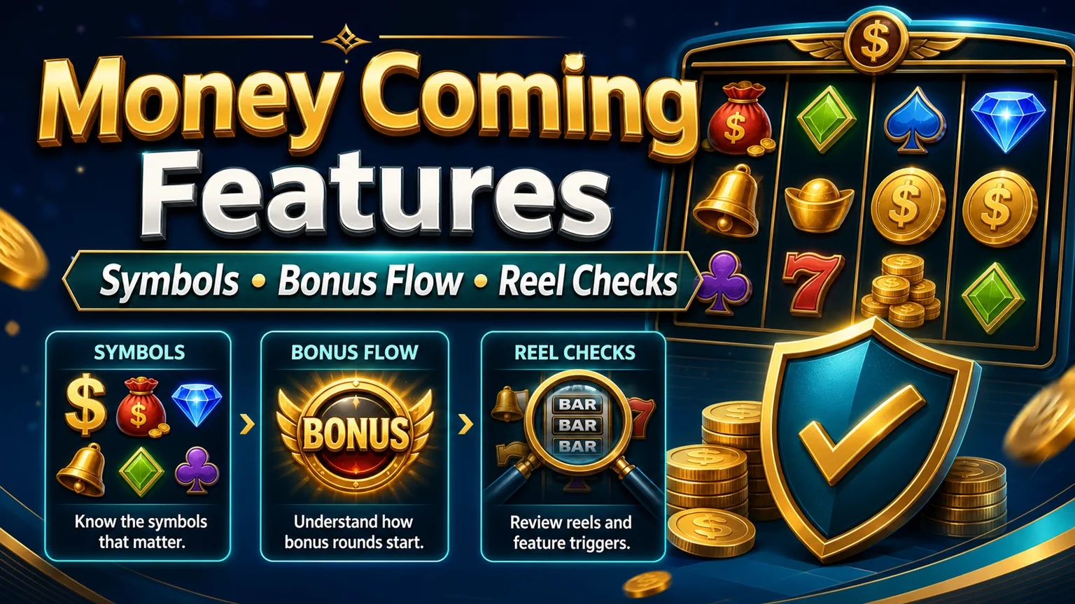 Illustration reading Money Coming Features with symbols, bonus flow, reel checks, coins, and safety shield icons