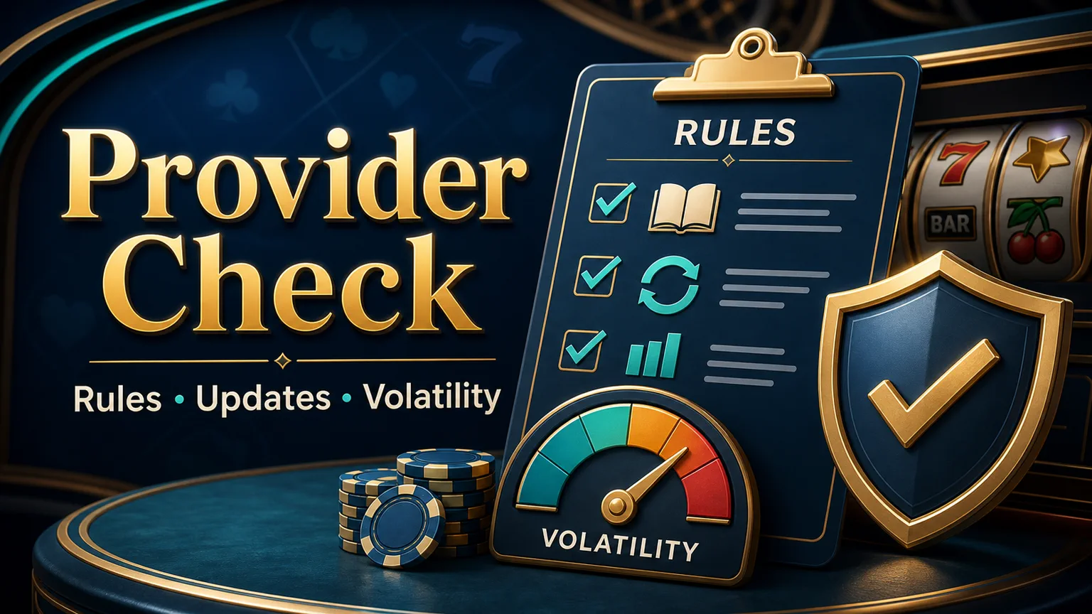 Illustration reading Provider Check with rules, updates, volatility, limits, clipboard, timer, and shield icons