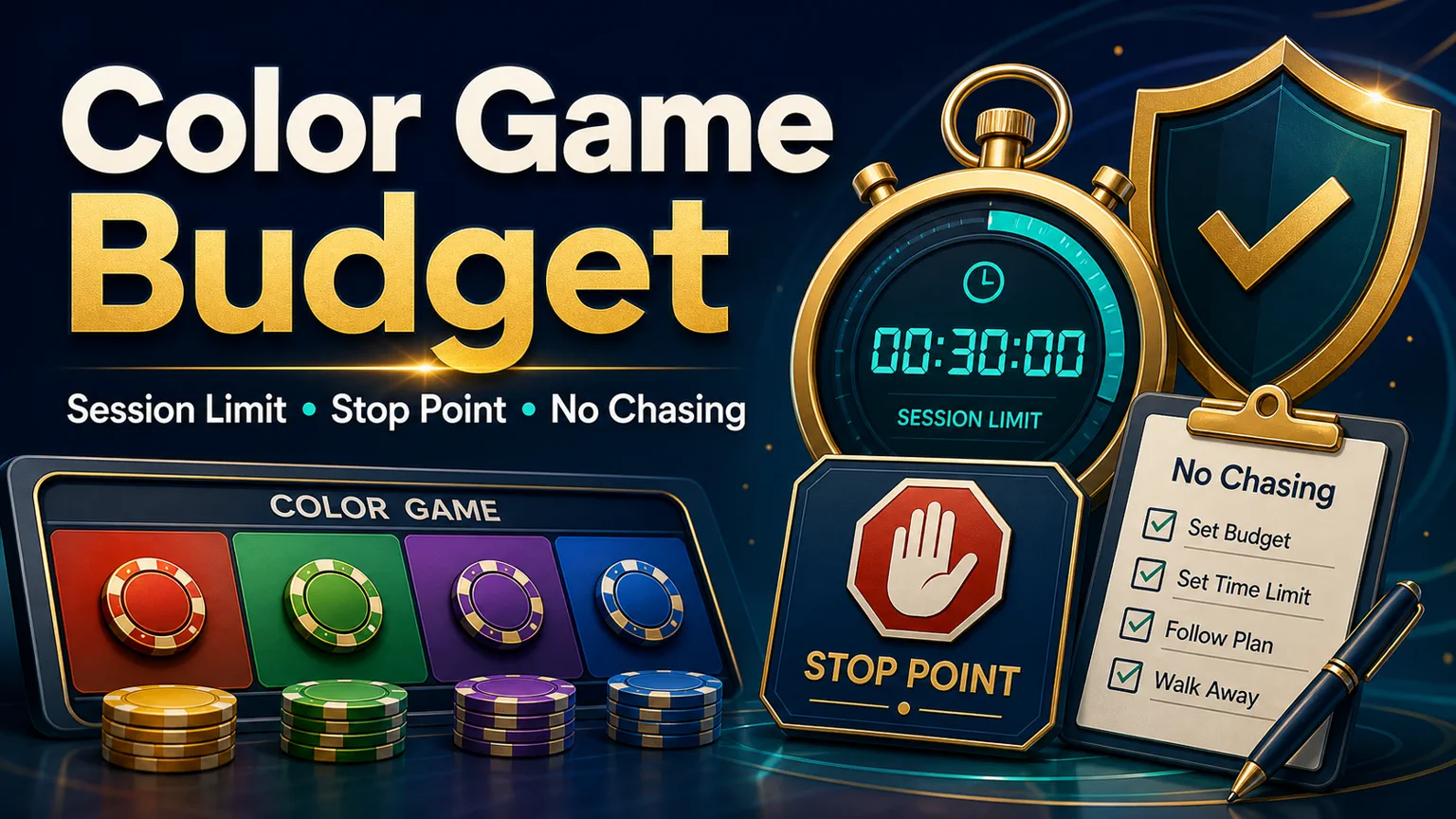 Illustration reading Color Game Budget with session limit, stop point, no chasing, checklist, and shield icons