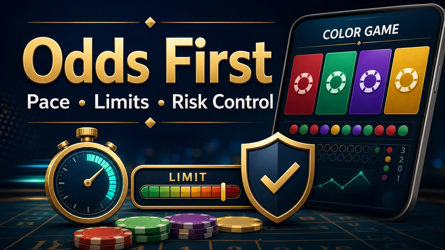Illustration reading Odds First with pace, limits, risk control, timer, cards, and shield icons