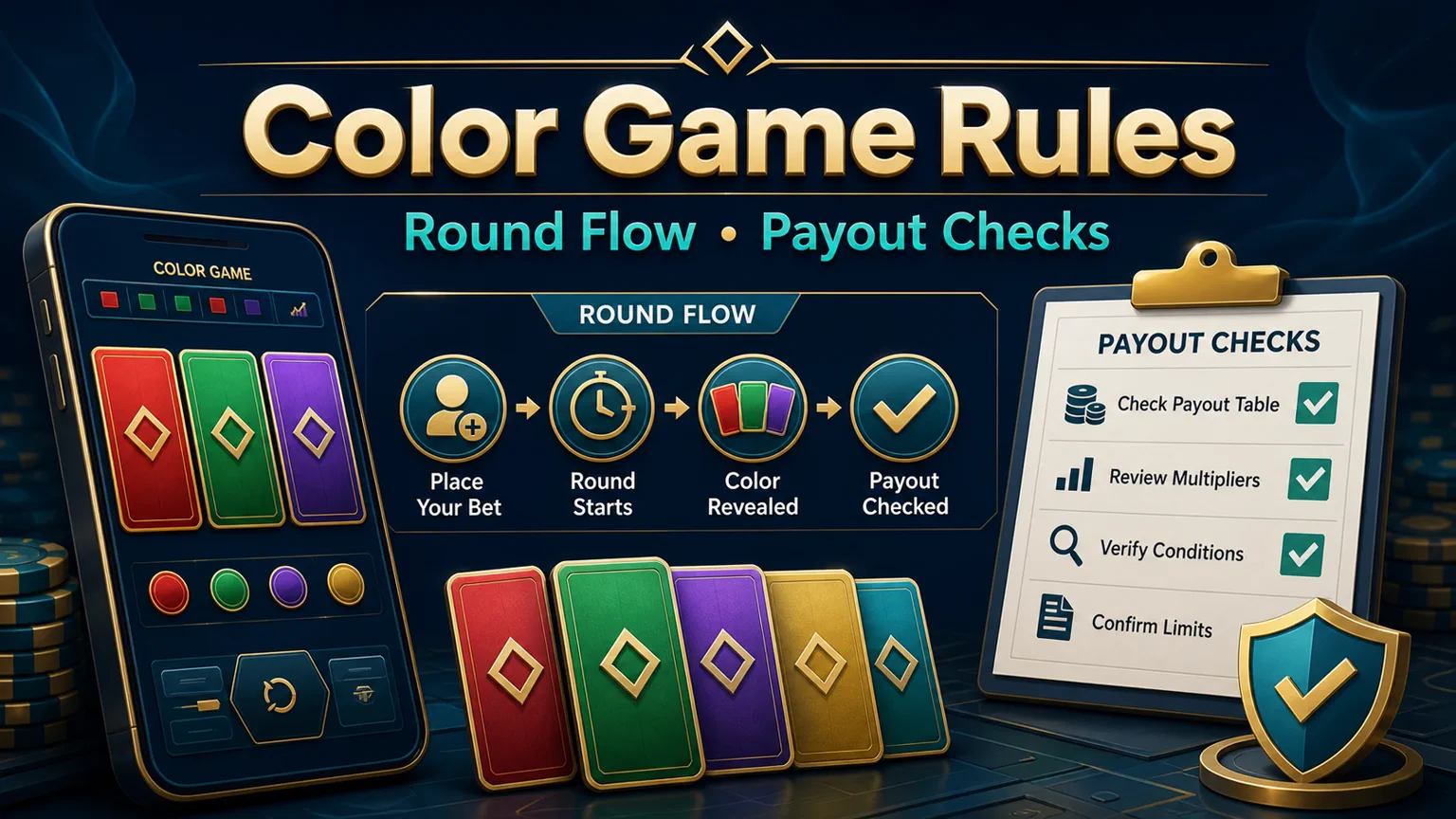 Illustration reading Color Game Rules with round flow, payout checks, color cards, checklist, and shield icons