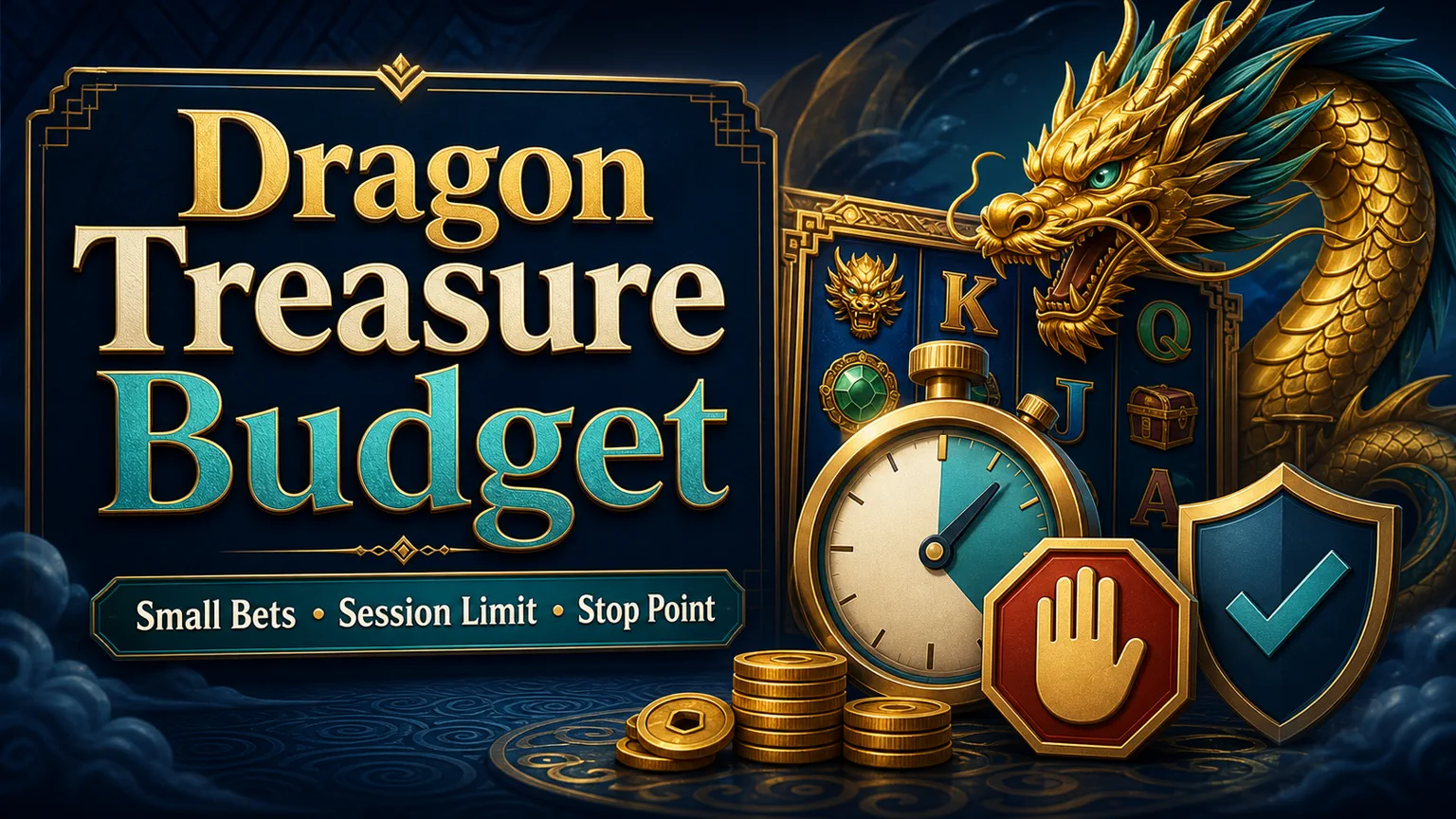 Illustration reading Dragon Treasure Budget with small bets, session limit, stop point, timer, coins, and shield icons