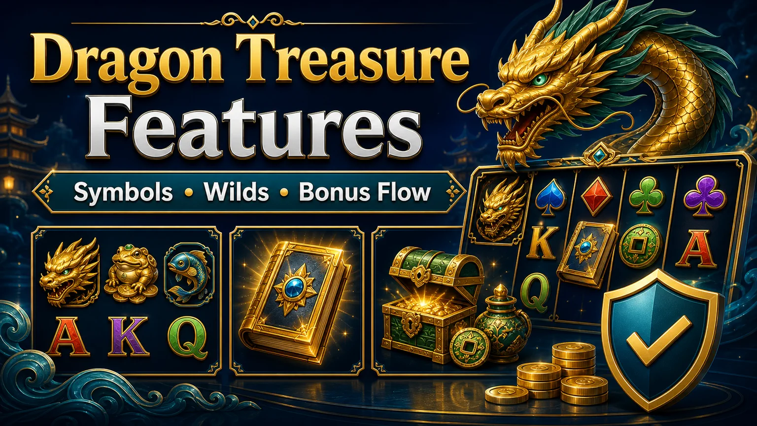 Illustration reading Dragon Treasure Features with symbols, wilds, bonus flow, treasure slot icons, and shield
