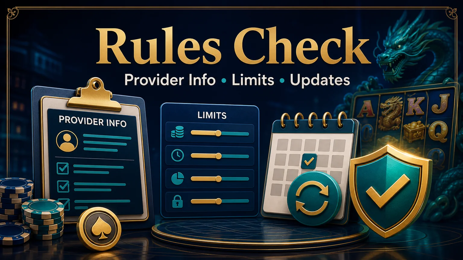 Illustration reading Rules Check with provider info, limits, updates, rule book, calendar, and shield icons