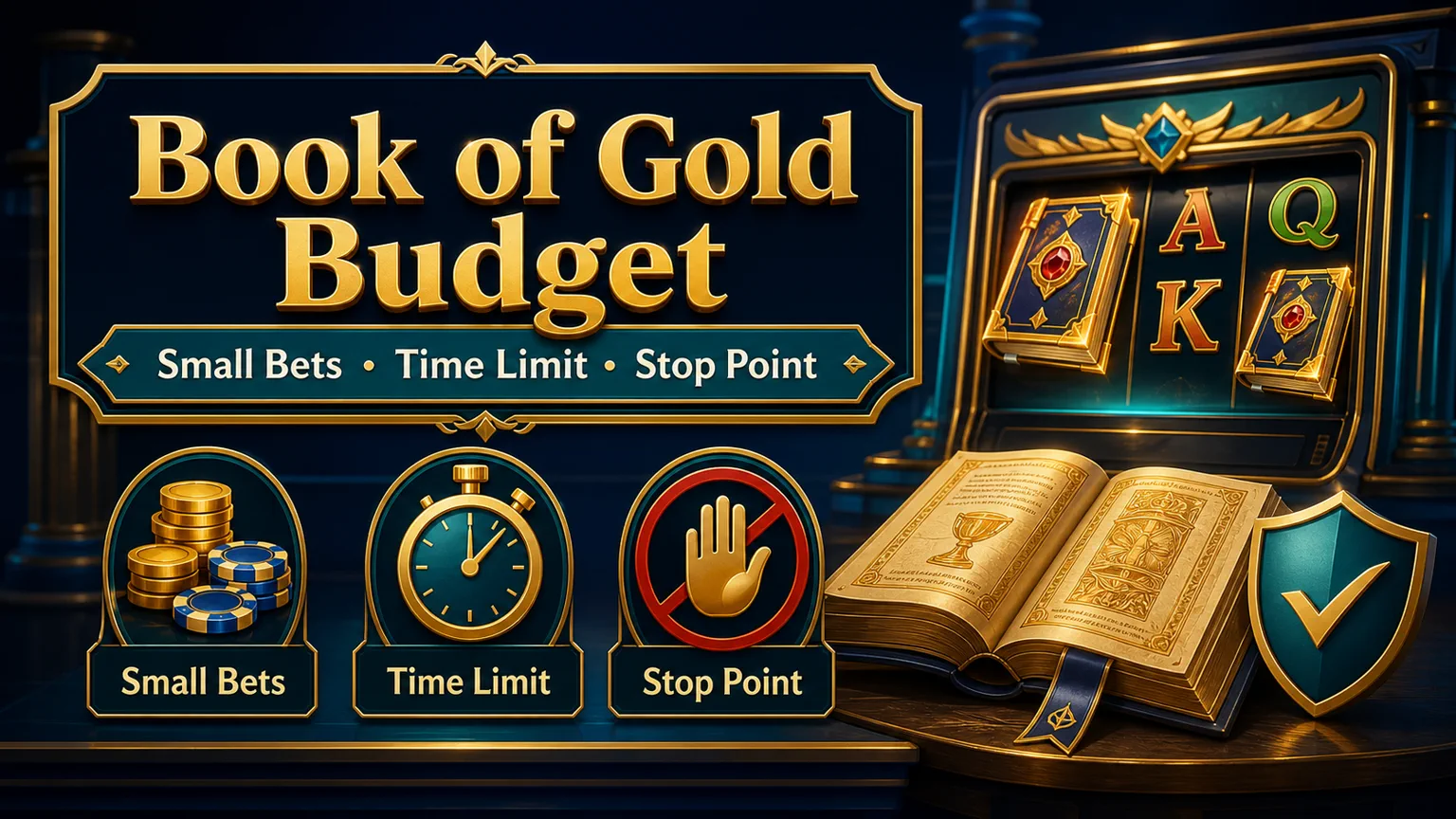 Illustration reading Book of Gold Budget with small bets, time limit, stop point, slot screen, and shield icons