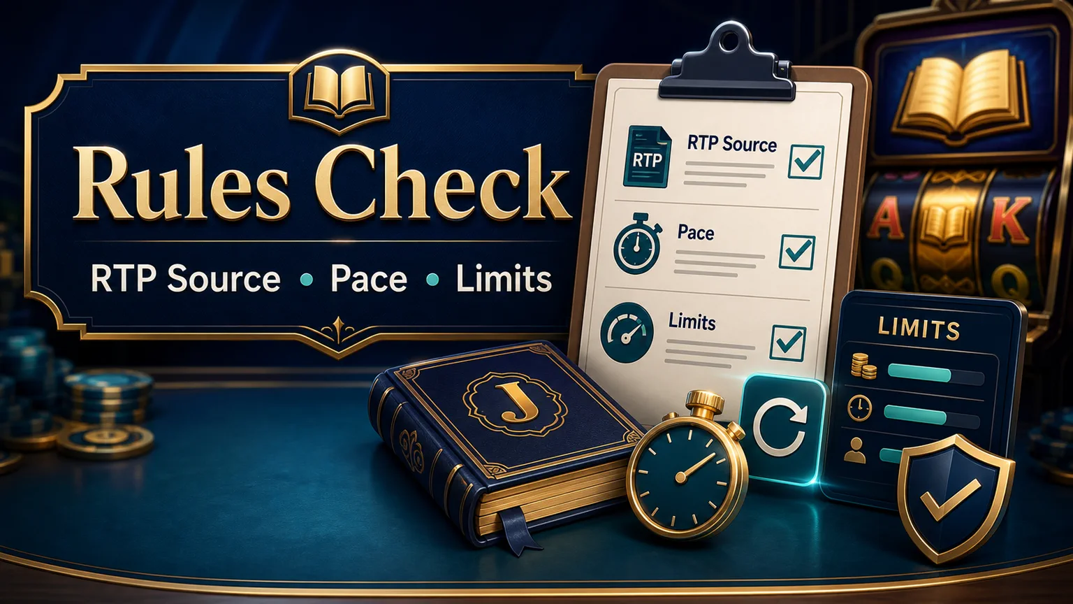 Illustration reading Rules Check with RTP source, pace, limits, updates, clipboard, timer, and shield icons
