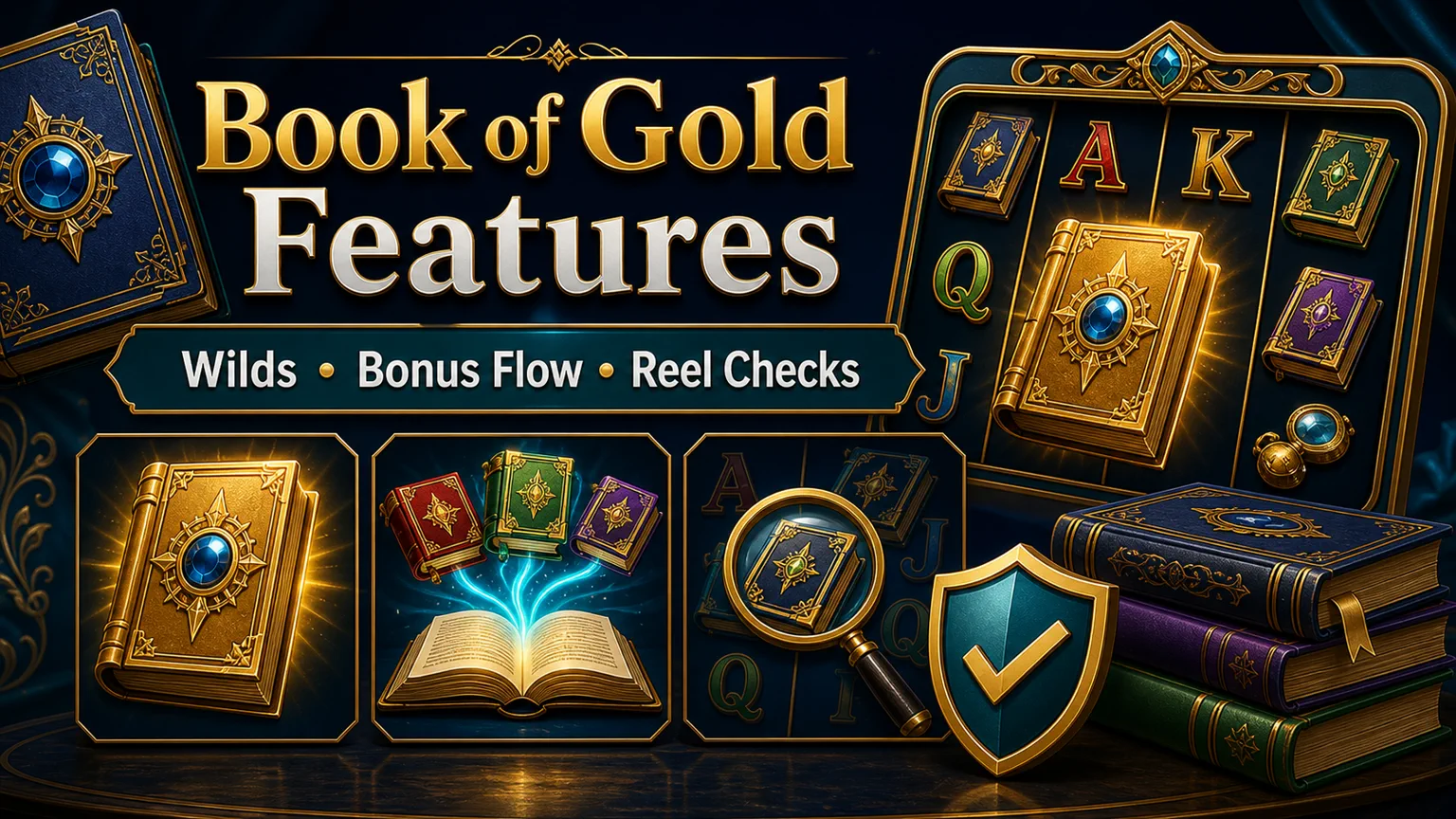Illustration reading Book of Gold Features with wilds, bonus flow, reel checks, book slot icons, and shield