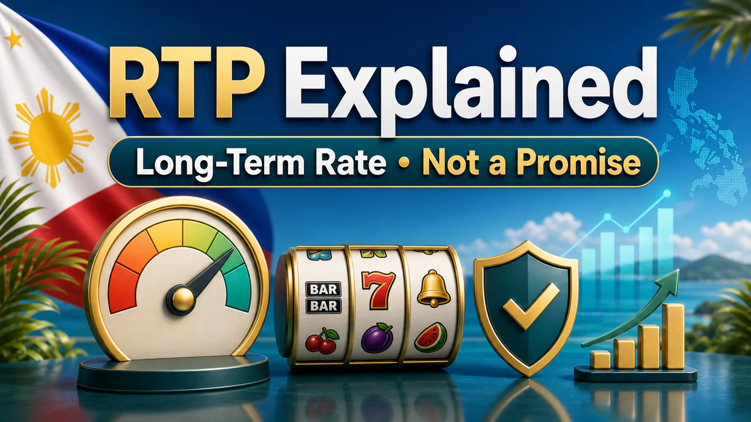 Illustration reading RTP Explained with long-term rate, not a promise, abstract gauge, slot reels, chart, and shield icons