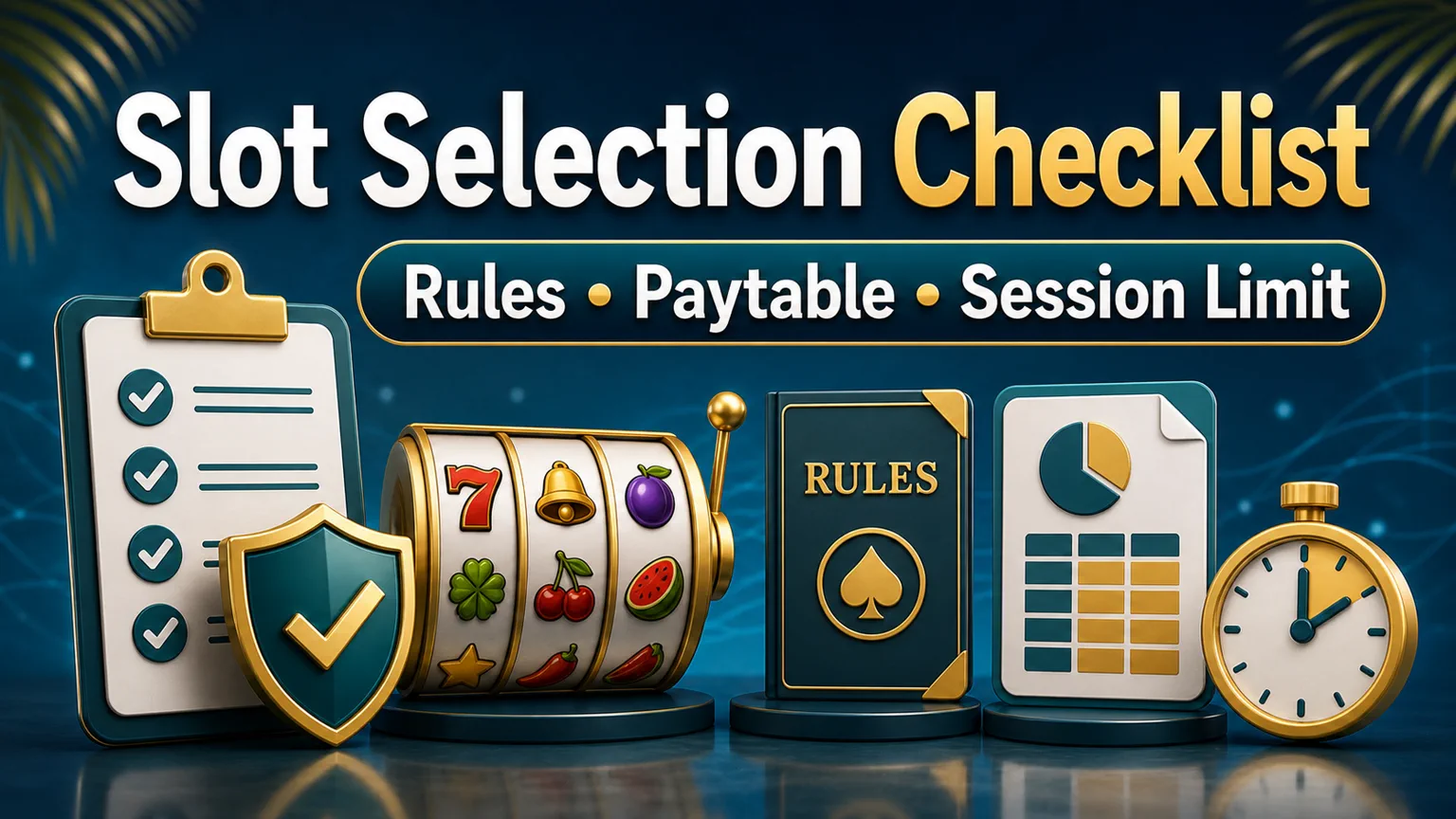 Illustration reading Slot Selection Checklist with rules, paytable, session limit, checklist, timer, and shield icons