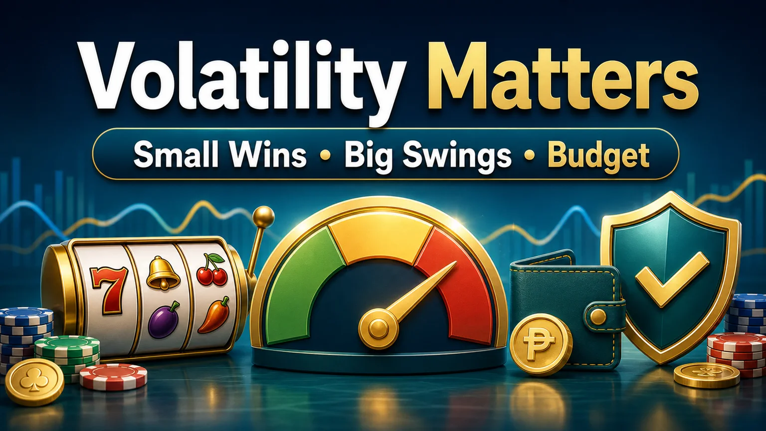 Illustration reading Volatility Matters with small wins, big swings, budget, meter, slot reels, and shield icons