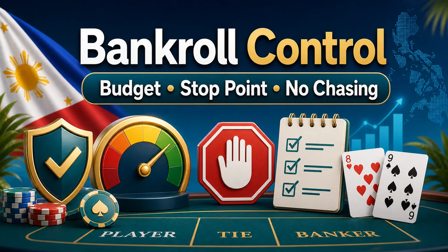 Illustration reading Bankroll Control with budget, stop point, no chasing, checklist, cards, and shield icons