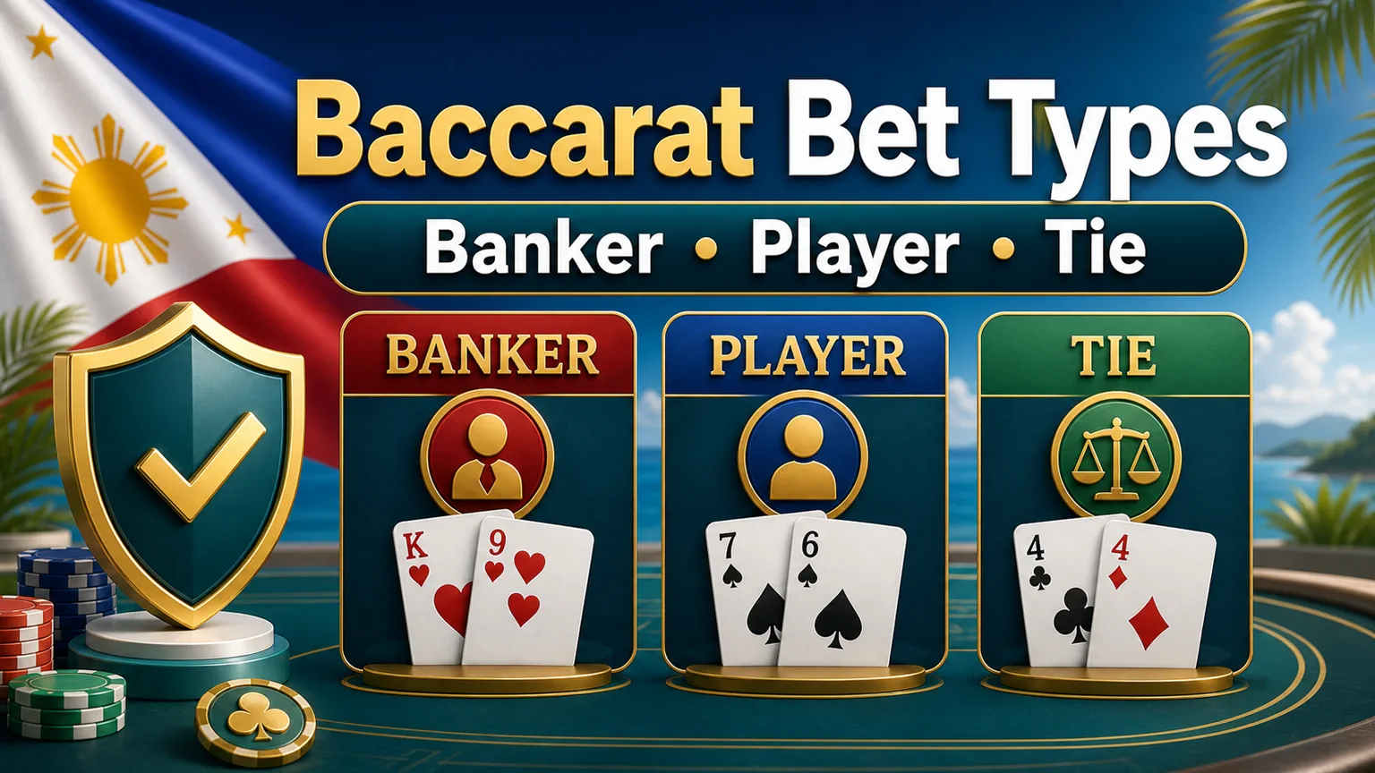 Illustration reading Baccarat Bet Types with Banker, Player, Tie panels, cards, chip icons, and safety shield