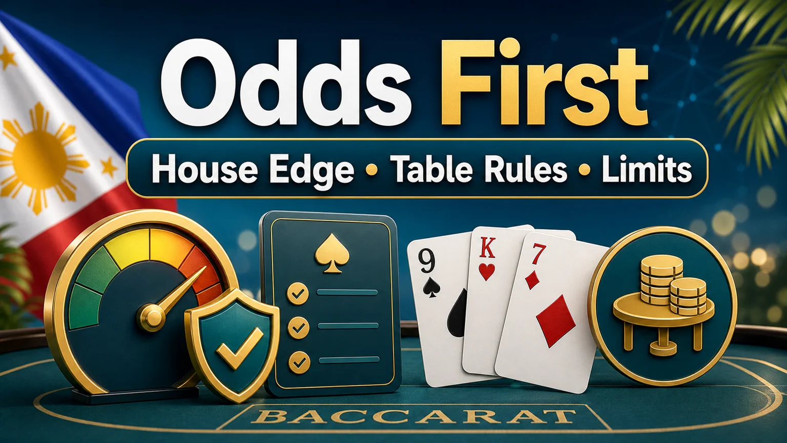 Illustration reading Odds First with house edge, table rules, limits, cards, coins, and responsible gambling shield icons