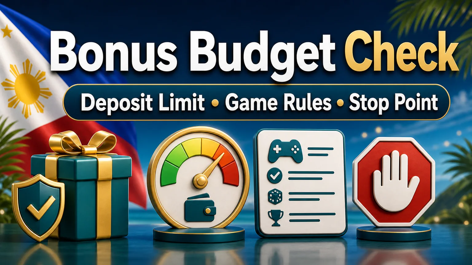 Illustration reading Bonus Budget Check with deposit limit, game rules, stop point, meter, stop hand, and shield icons