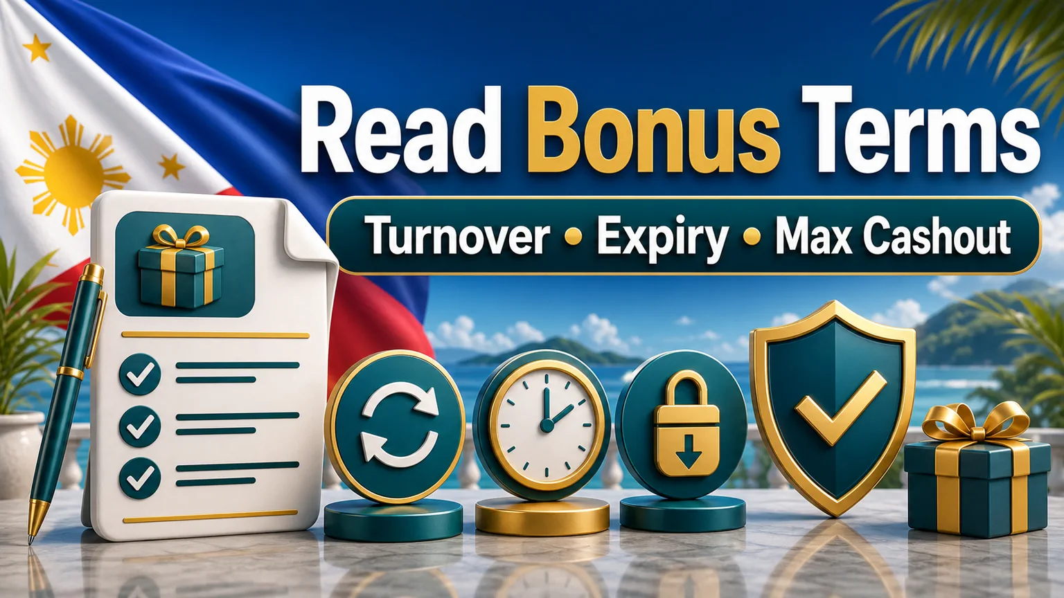 Illustration reading Read Bonus Terms with turnover, expiry, max cashout, gift, clock, lock, and shield icons