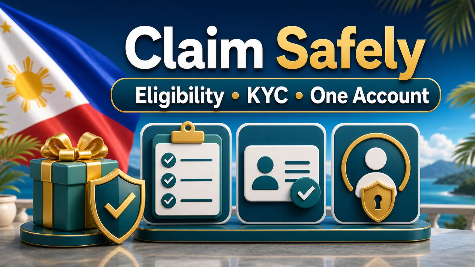 Illustration reading Claim Safely with eligibility, KYC, one account, ID card, checklist, lock, and gift icons