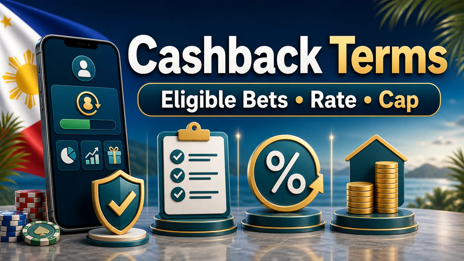 Illustration reading Cashback Terms with eligible bets, rate, cap, checklist, percentage icon, coins, and shield