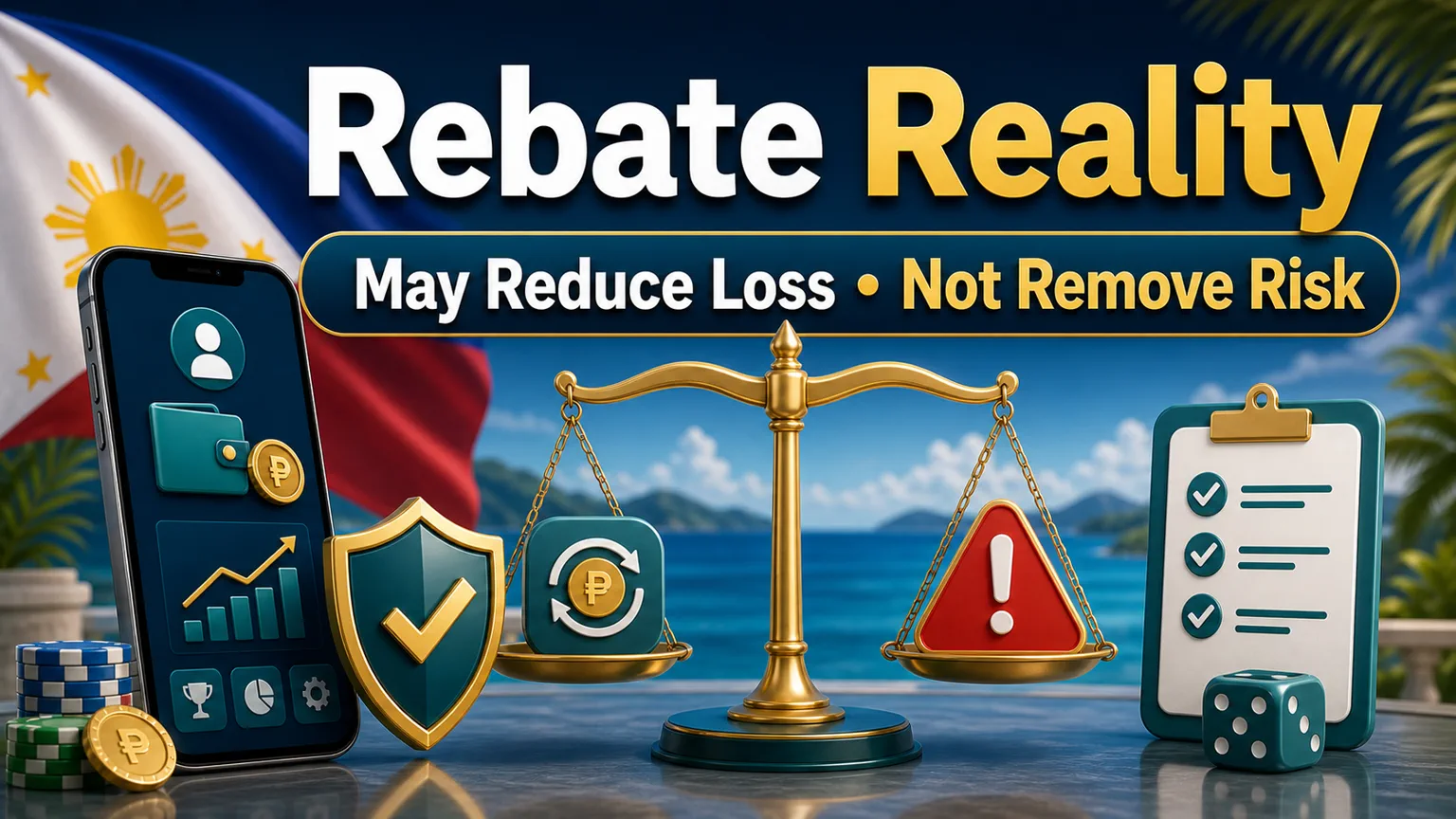 Illustration reading Rebate Reality with scale, warning icon, phone, checklist, and may reduce loss not remove risk text