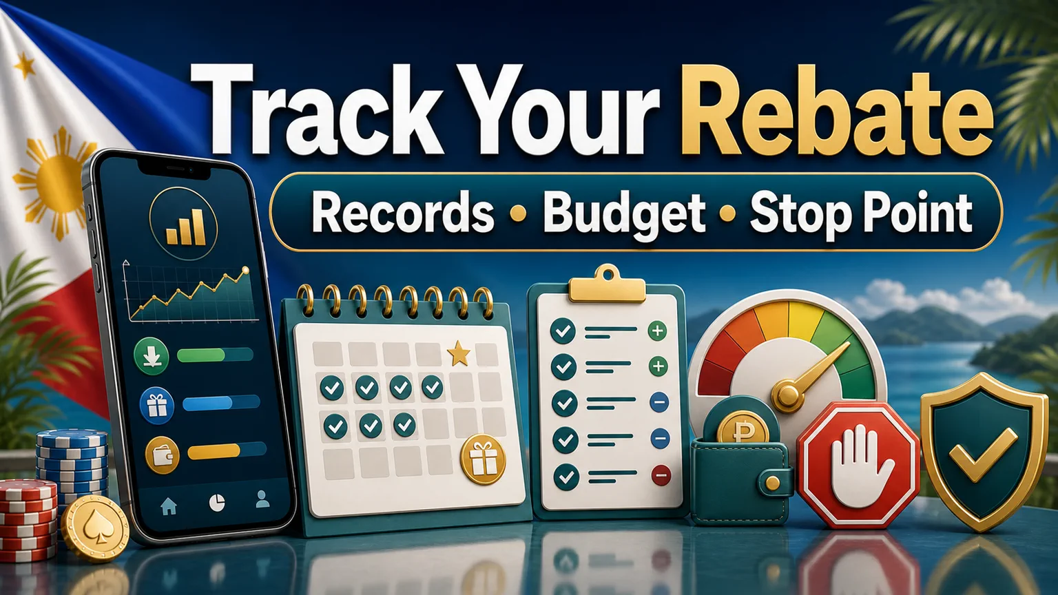 Illustration reading Track Your Rebate with records, budget, stop point, calendar, phone, and shield icons