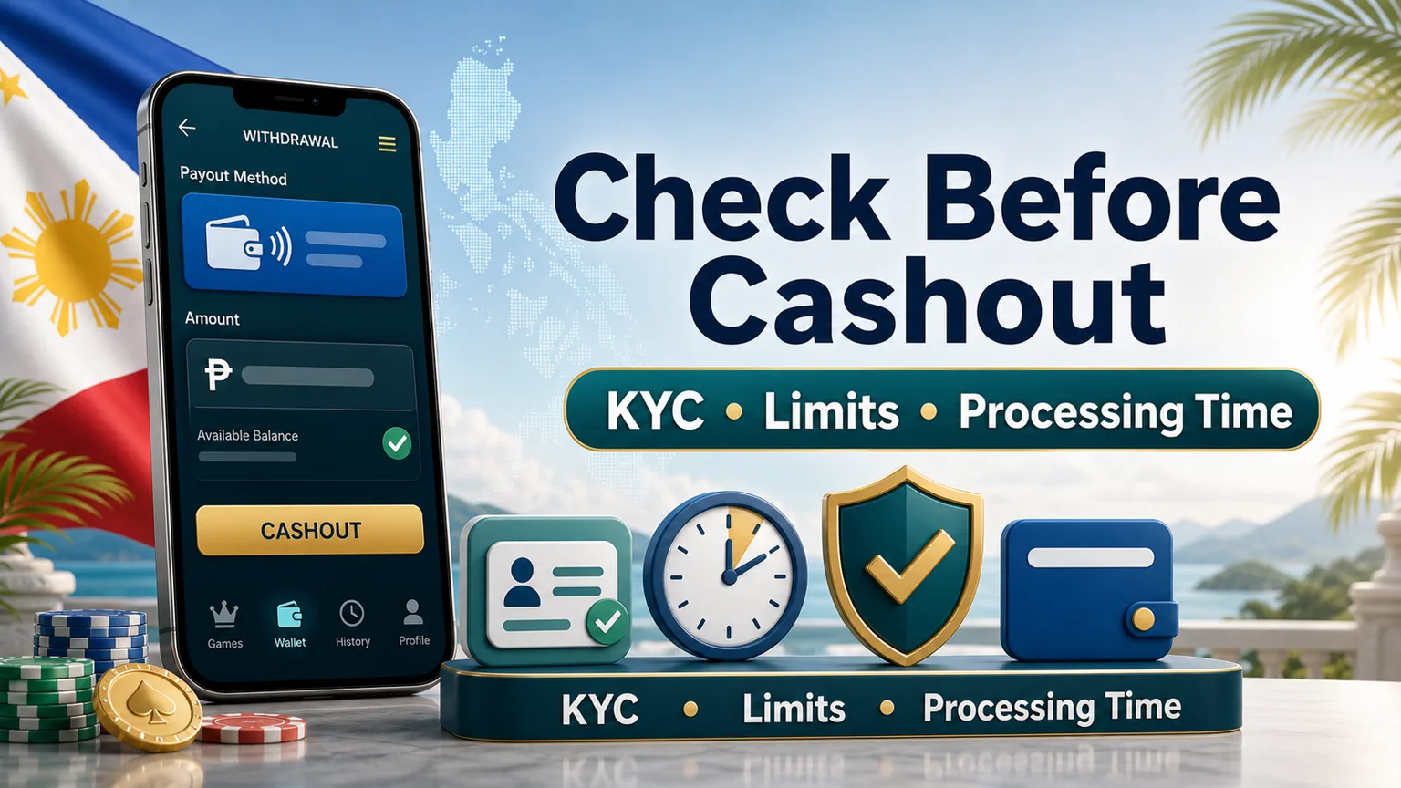 Illustration reading Check Before Cashout with KYC, limits, processing time, phone withdrawal screen, ID card, timer, and shield icons