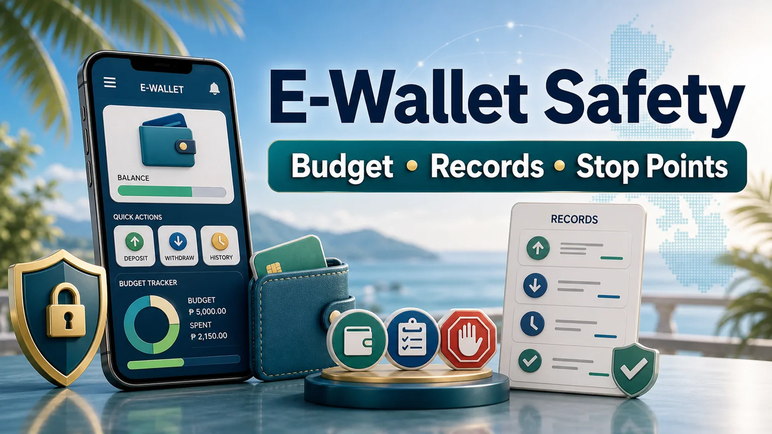 Illustration reading E-Wallet Safety with budget, records, stop points, generic wallet, transaction checklist, and shield icons