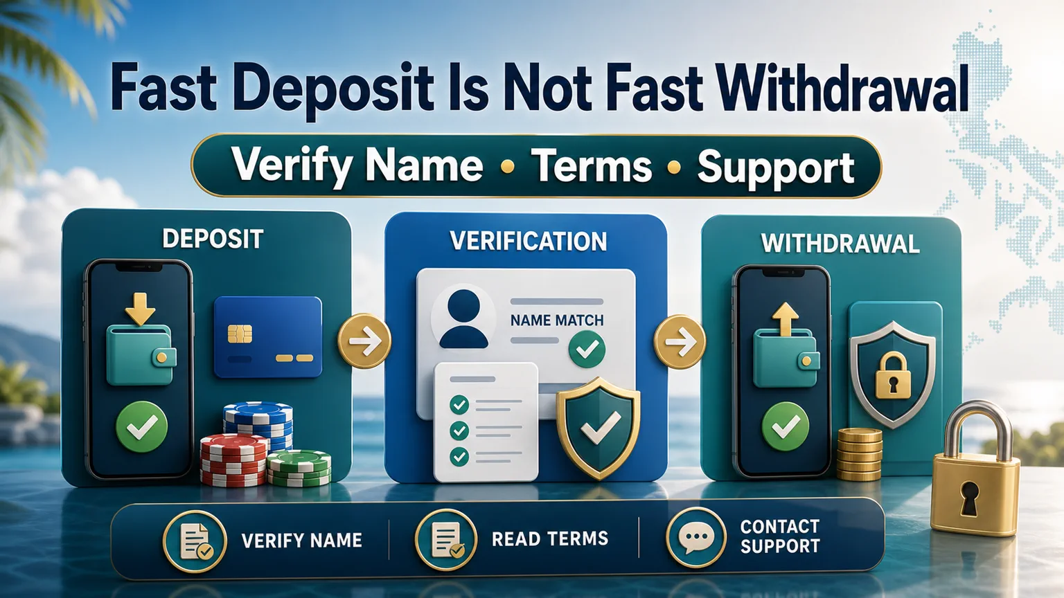 Illustration reading Fast Deposit Is Not Fast Withdrawal with deposit, verification, withdrawal, name check, terms, support, and lock icons