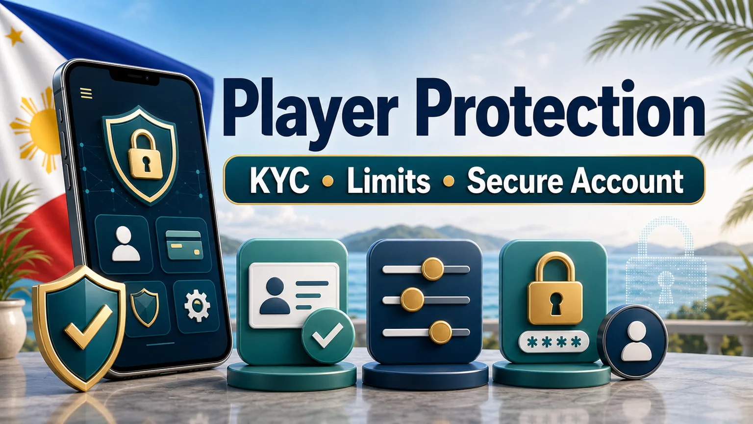 Illustration reading Player Protection with KYC, limits, secure account, ID verification, lock, and shield icons