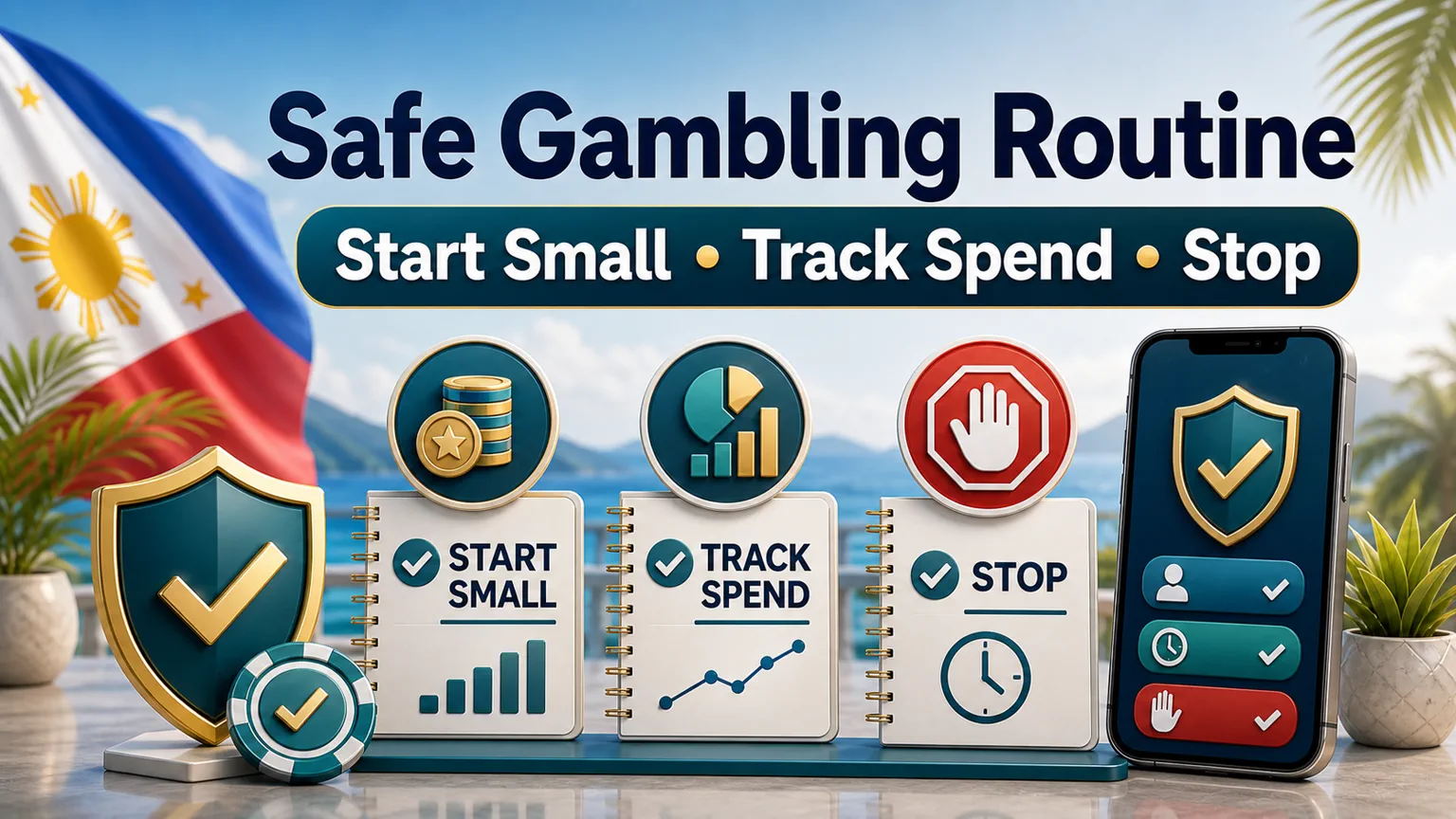 Illustration reading Safe Gambling Routine with start small, track spend, stop, budget notebook, chart, and shield icons