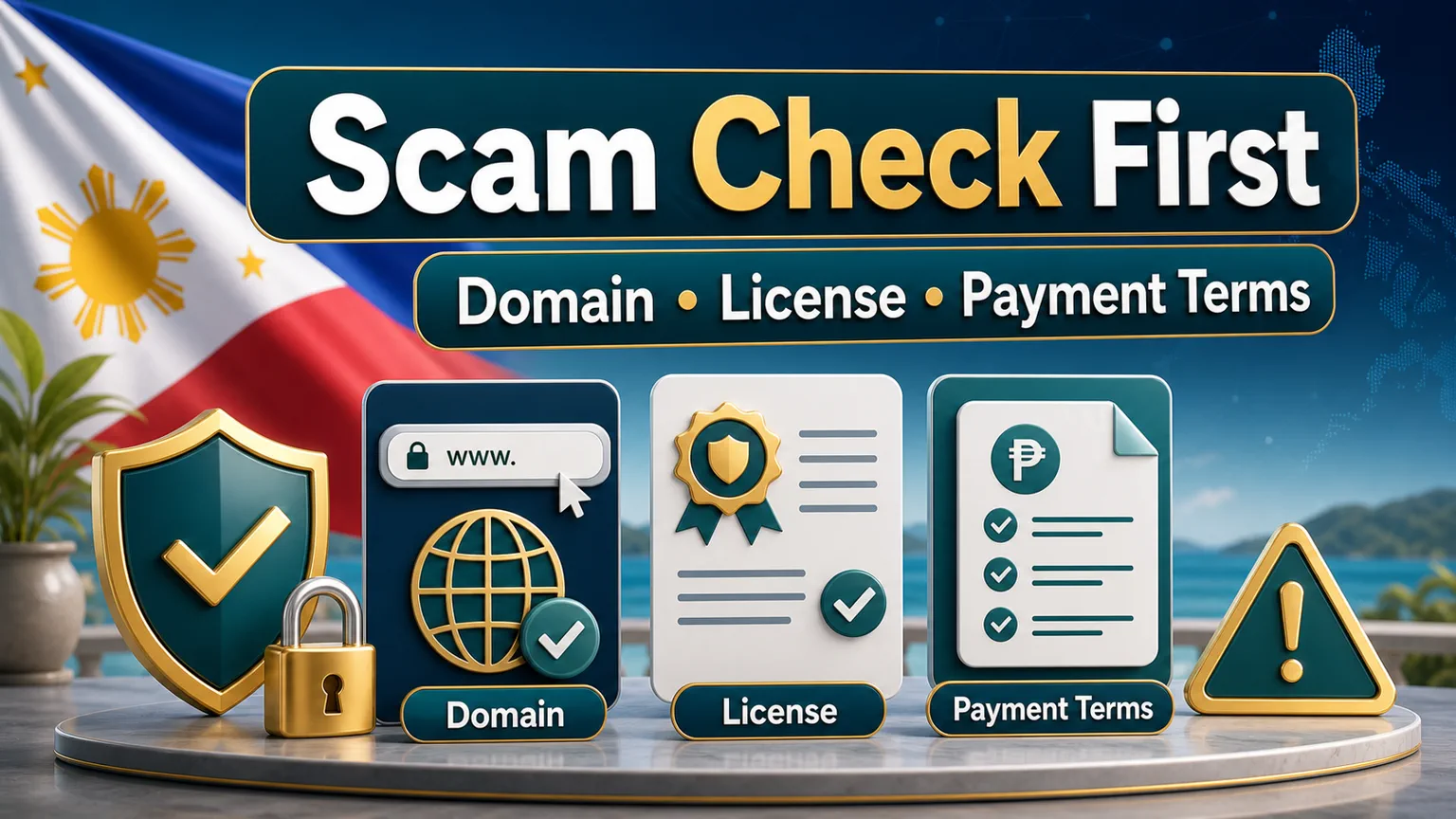 Illustration reading Scam Check First with domain, license, payment terms, lock, warning triangle, and shield icons