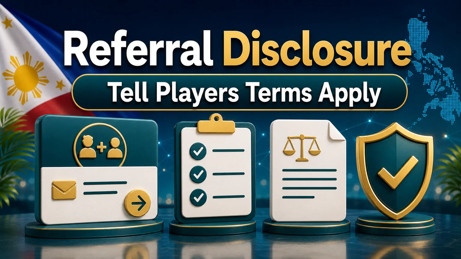Illustration reading Referral Disclosure with tell players terms apply, checklist, message card, and shield icons