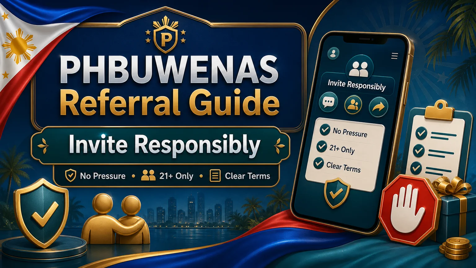 PHBUWENAS Referral Guide illustration reading Invite Responsibly with No Pressure, 21+ Only, Clear Terms, phone invite screen, stop hand, and shield