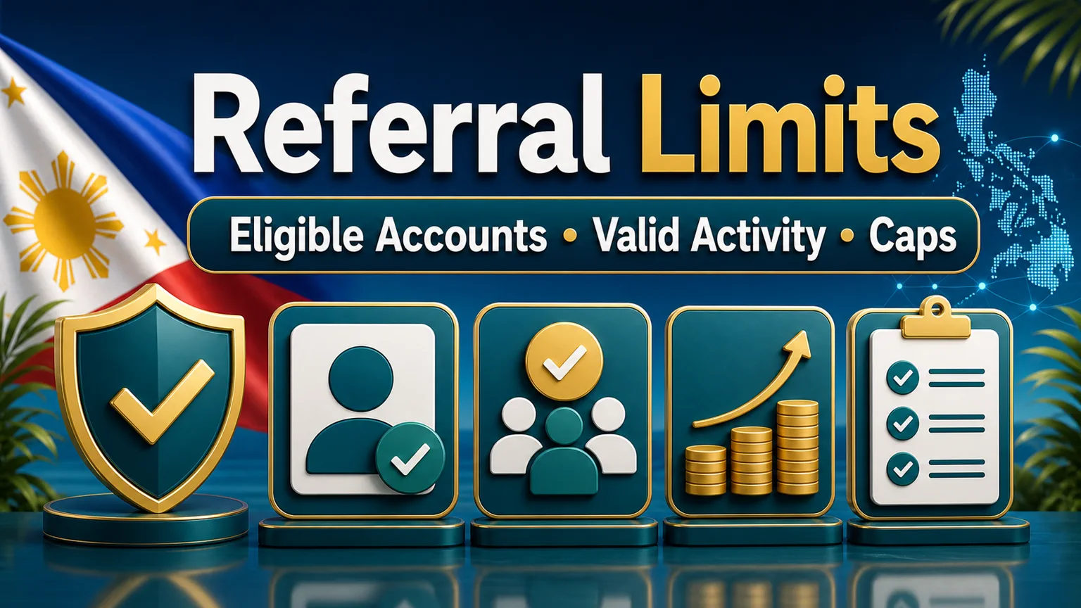 Illustration reading Referral Limits with eligible accounts, valid activity, caps, account icons, checklist, and shield