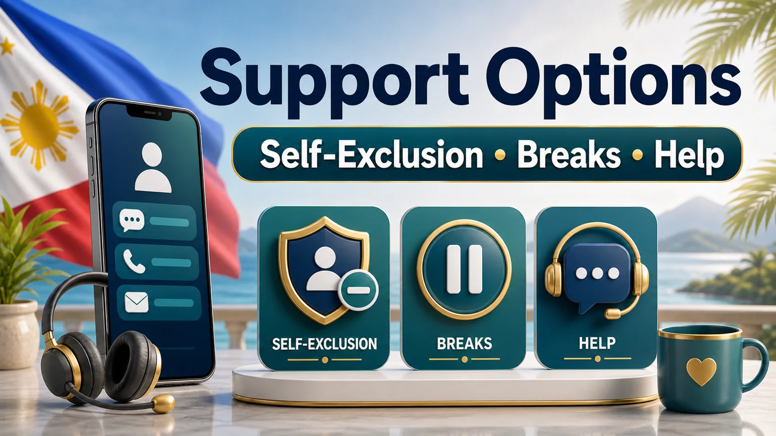 Illustration reading Support Options with self-exclusion, breaks, help, headset, pause, and shield icons