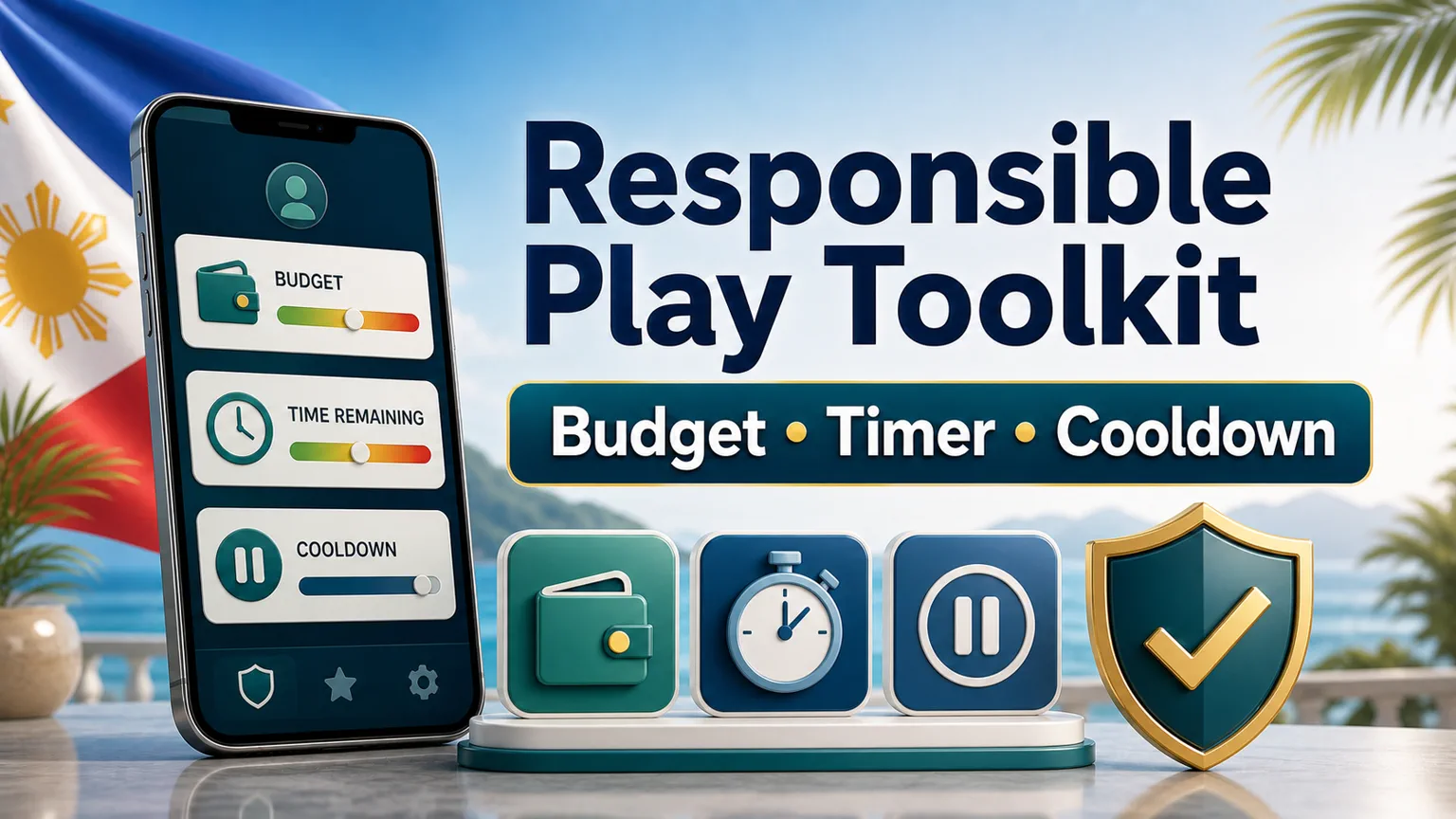 Illustration reading Responsible Play Toolkit with budget, timer, cooldown, wallet, clock, pause, and shield icons