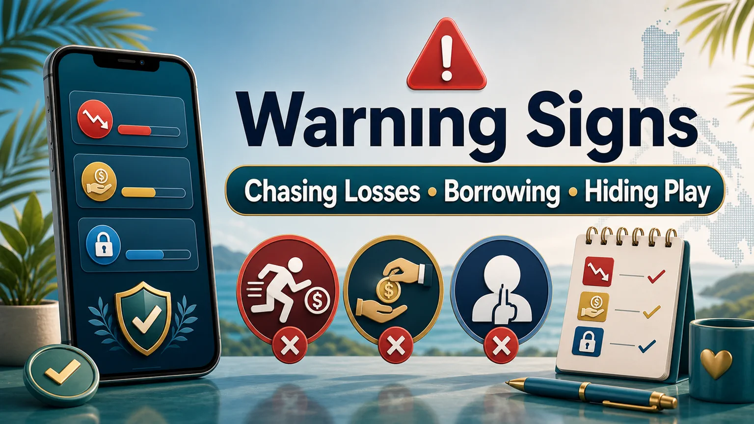 Illustration reading Warning Signs with chasing losses, borrowing, hiding play, stop symbols, and checklist icons