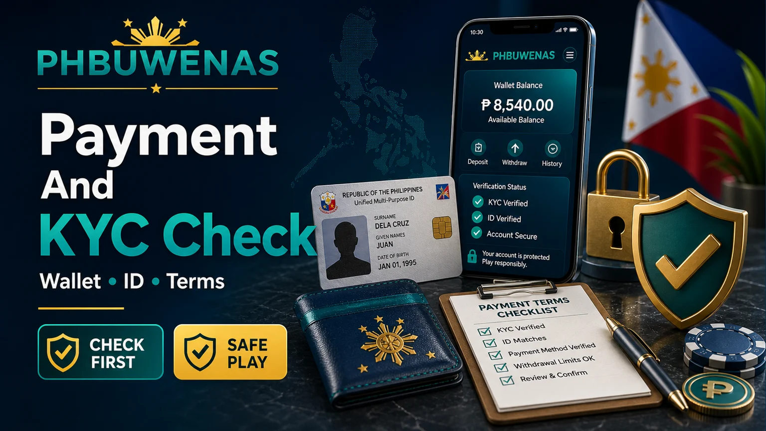 Illustration reading Payment And KYC Check with wallet ID terms checklist and shield icons
