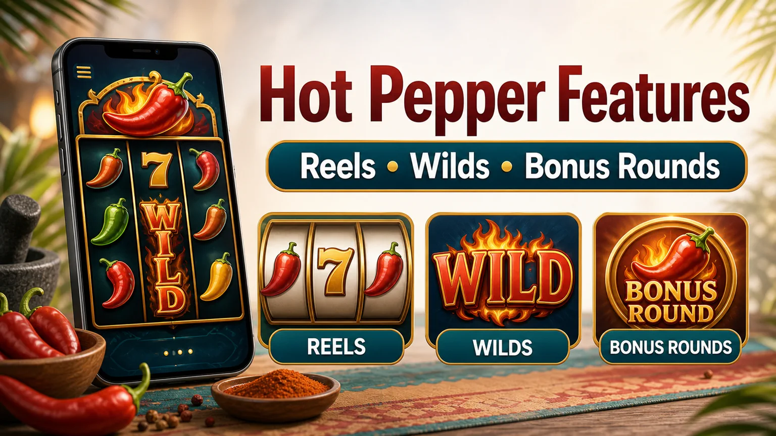 Illustration reading Hot Pepper Features with reels, wilds, bonus rounds, chili-themed slot symbols, and responsible review styling